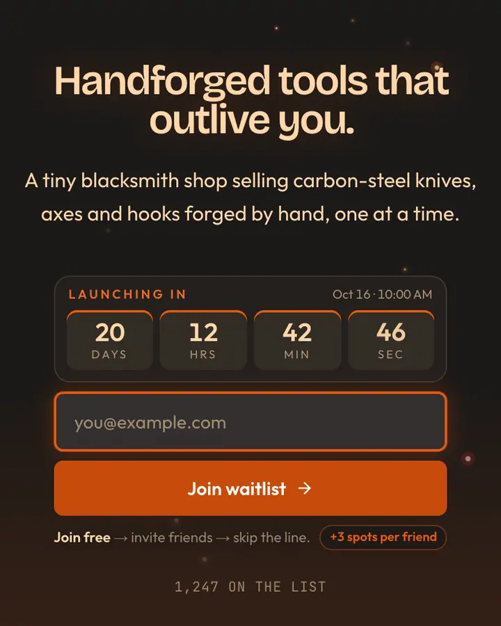 Dwarven Forge — Fantasy waitlist page template, charcoal background