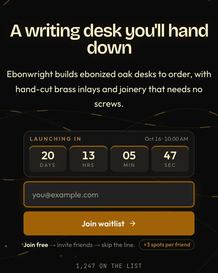 Ebony Inlay — Luxury waitlist page template, near-black background