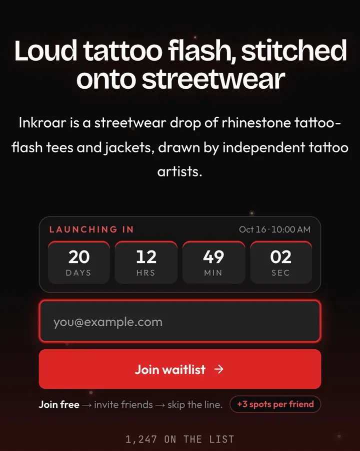 Tattoo Flash — Y2K waitlist page template, near-black background