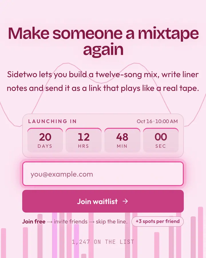Eight Track Pink — Vaporwave waitlist page template, pale pink background