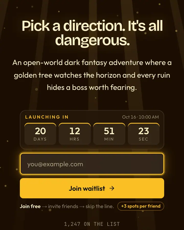 Ashen Kingdom — Retro & Pixel Art waitlist page template, near-black vermilion background