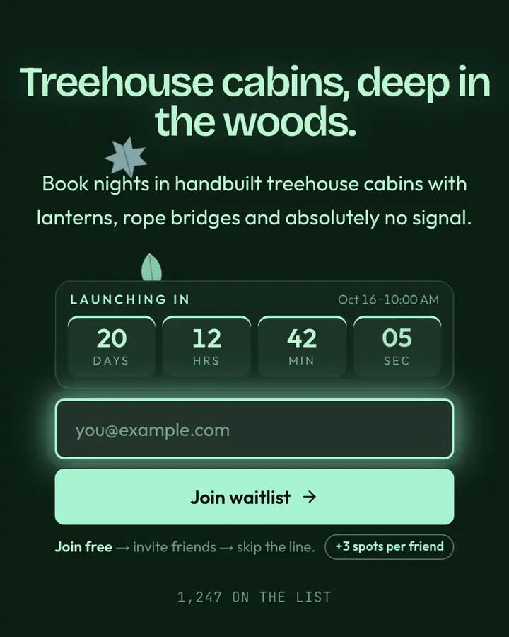 Elven Glade — Fantasy waitlist page template, deep emerald background
