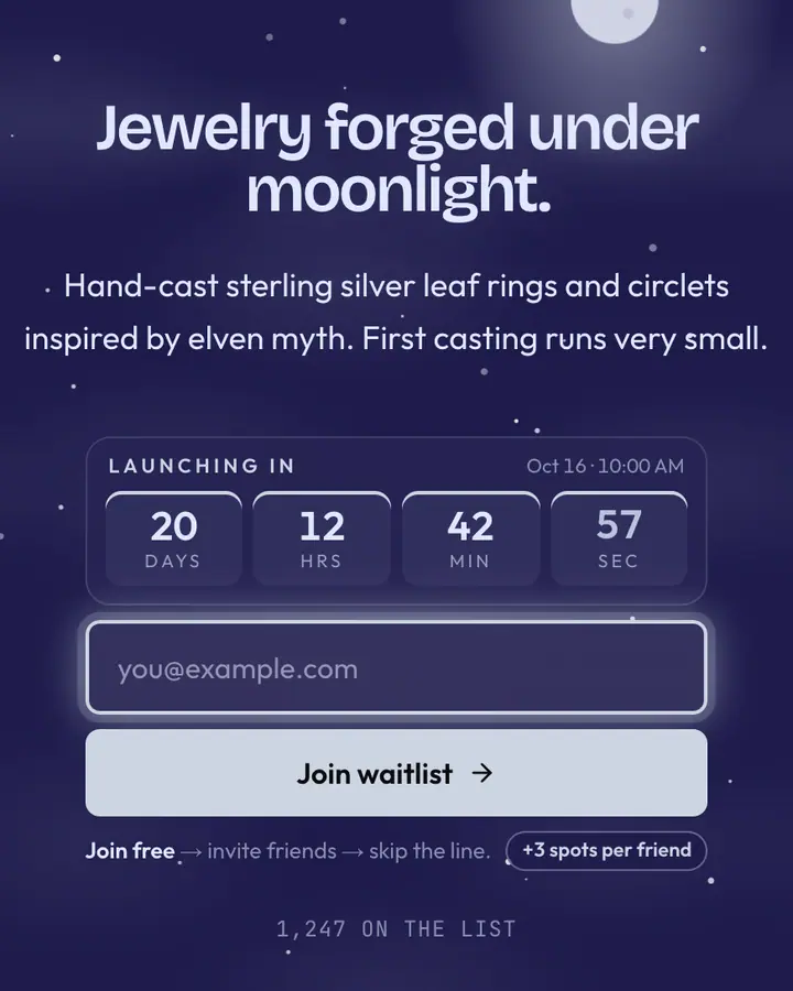 Elven Silver — Fantasy waitlist page template, dark indigo background