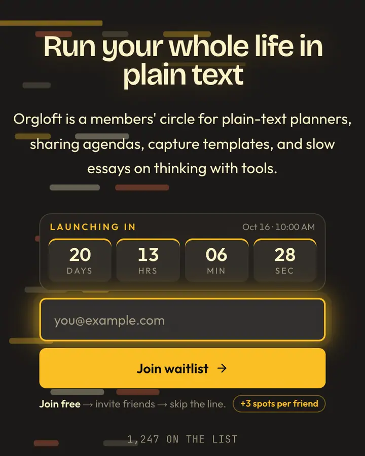 Emacs Buffer — Terminal & Developer waitlist page template, charcoal background