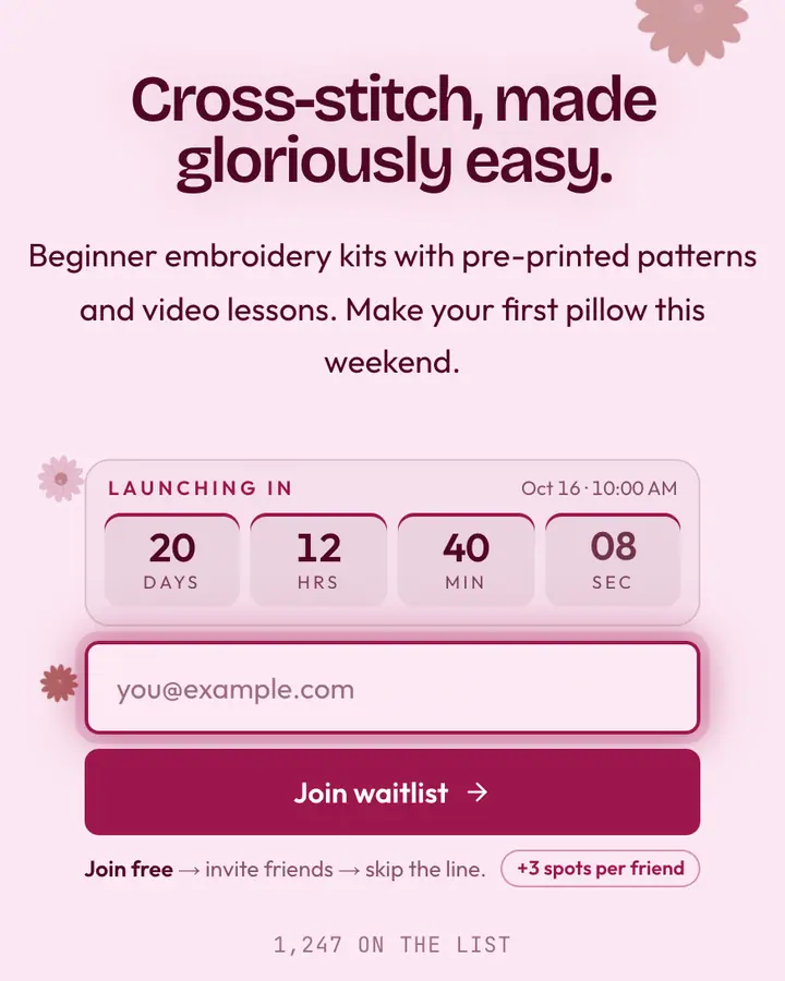 Embroidered Pillow — Coquette waitlist page template, pale pink background
