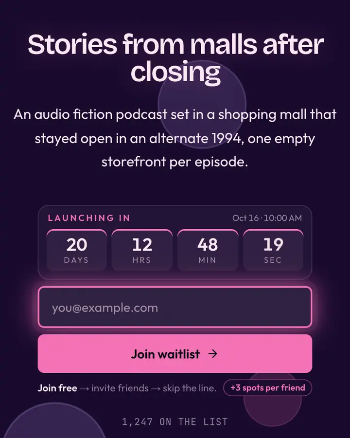 Empty Food Court — Vaporwave waitlist page template, deep violet background