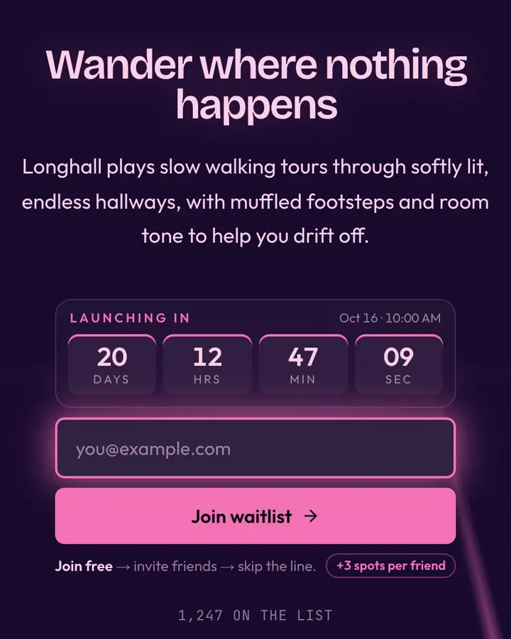 Empty Hallway — Vaporwave waitlist page template, deep violet background