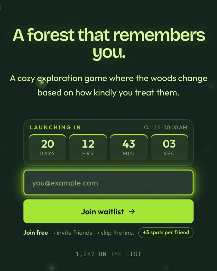 Enchanted Forest — Fantasy waitlist page template, deep emerald background