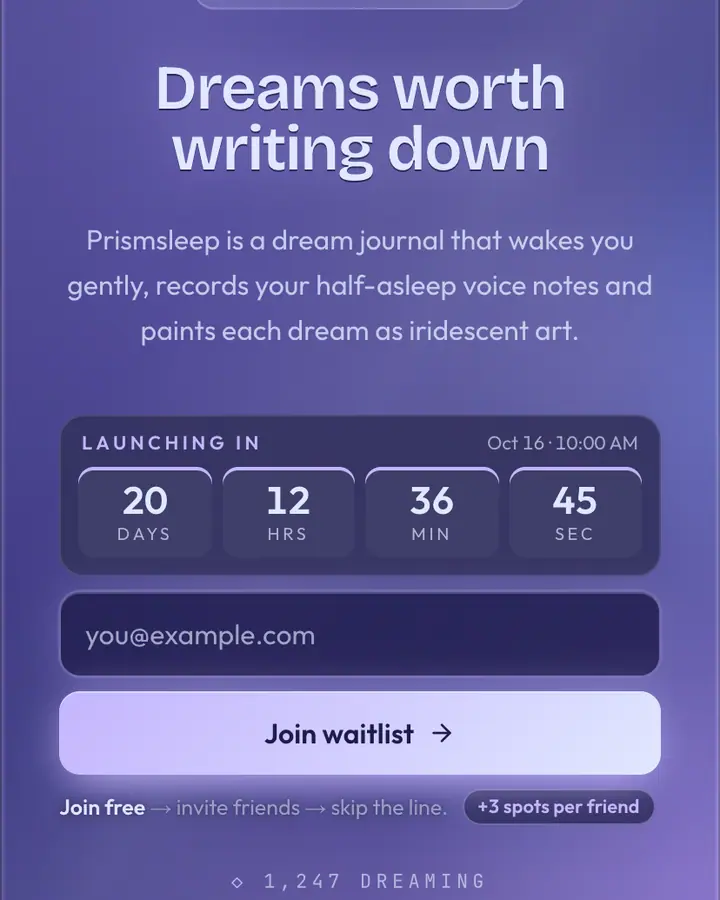 Ethereal Glass — Glassmorphism waitlist page template, dark indigo background