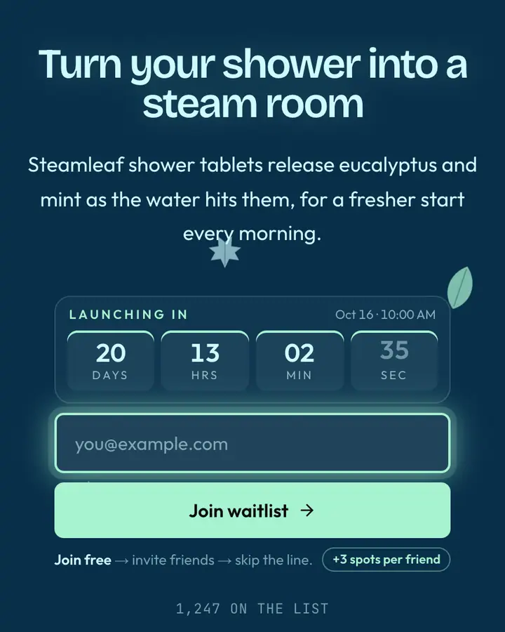 Eucalyptus — Nature & Organic waitlist page template, deep sky blue background