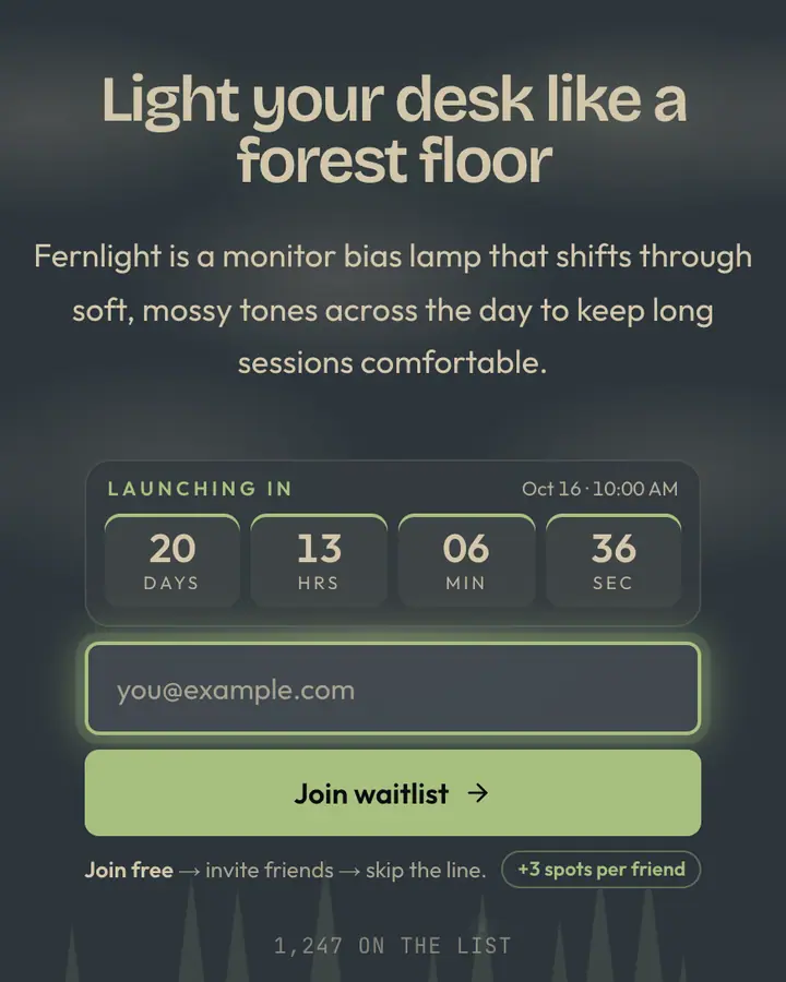 Everforest — Terminal & Developer waitlist page template, dark sky blue background