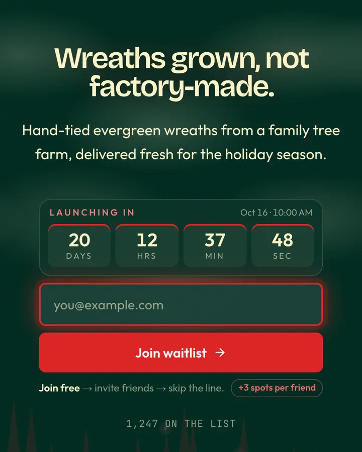Evergreen — Holiday & Seasonal waitlist page template, deep teal background
