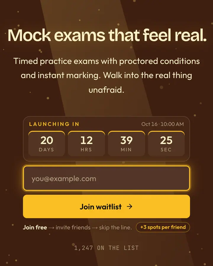Exam Hall — Dark Academia waitlist page template, brown background