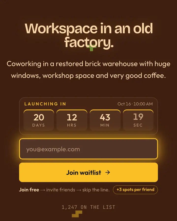 Exposed Brick — Industrial & Brutalist waitlist page template, brown background