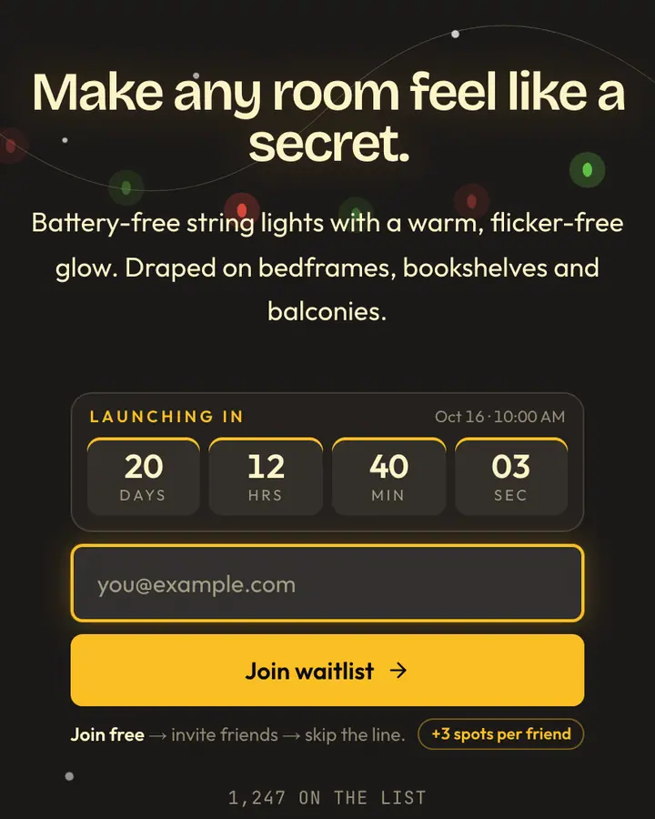 Fairy Lights — Coquette waitlist page template, charcoal background