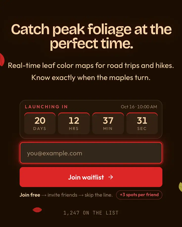 Fall Foliage — Holiday & Seasonal waitlist page template, near-black vermilion background