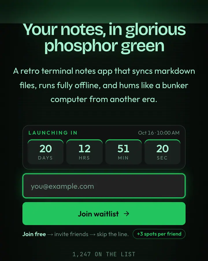 Wasteland Green — Retro & Pixel Art waitlist page template, near-black background