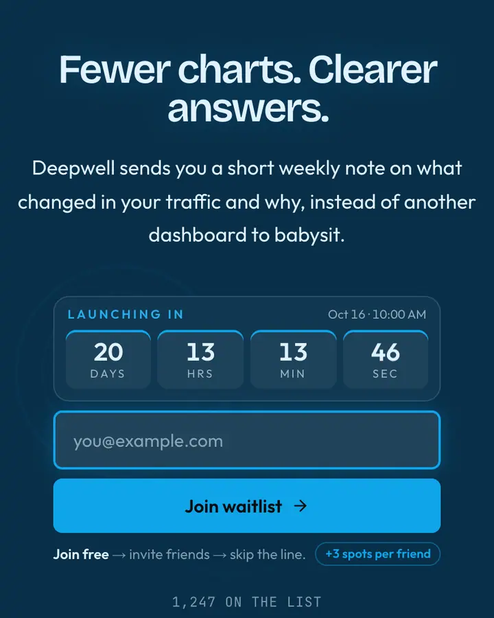 Quiet Metrics — Tech & SaaS waitlist page template, deep sky blue background