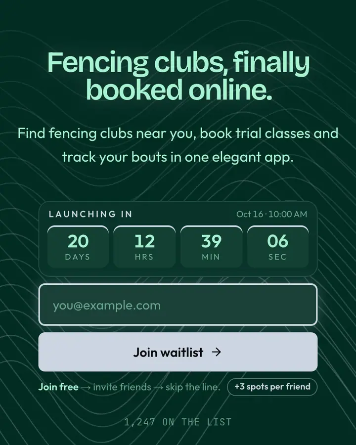 Fencing Salon — Dark Academia waitlist page template, deep teal background