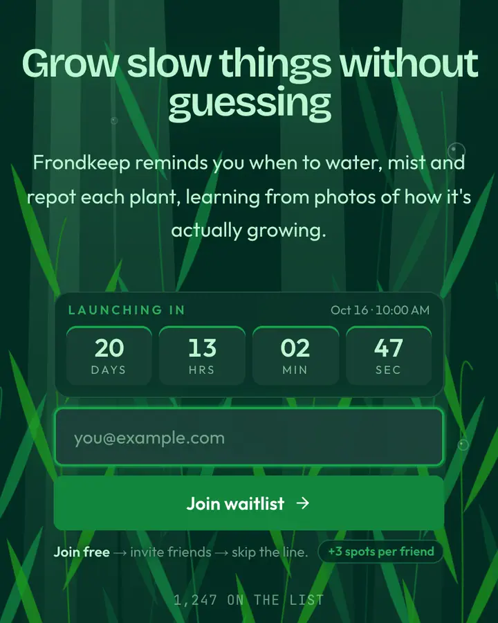 Fern Curl — Nature & Organic waitlist page template, deep teal background