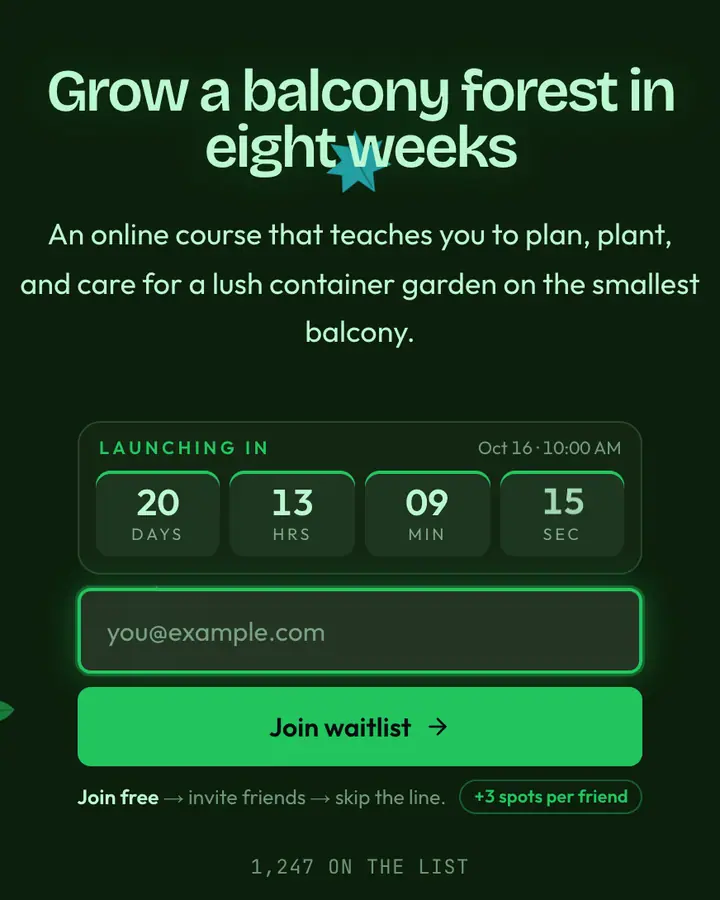 Fern Glass — Glassmorphism waitlist page template, deep green background