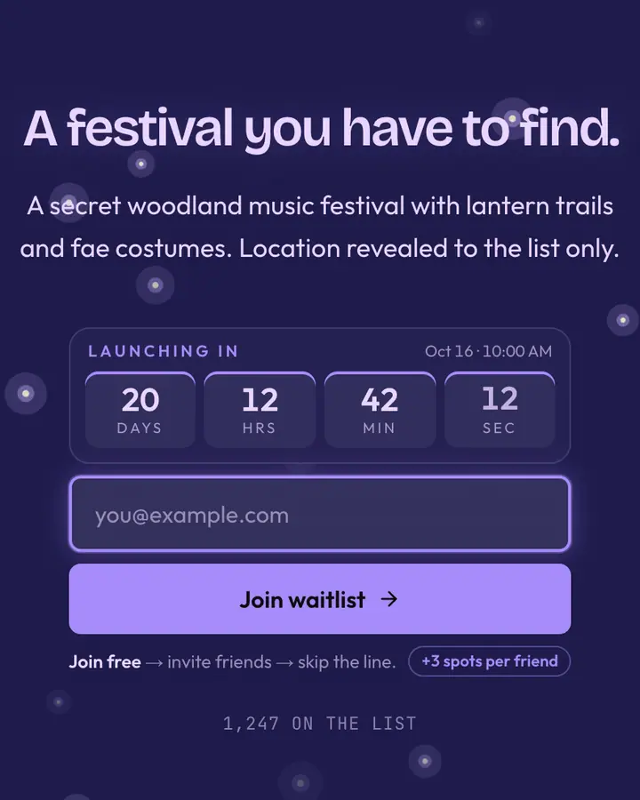 Fey Glade — Fantasy waitlist page template, dark indigo background