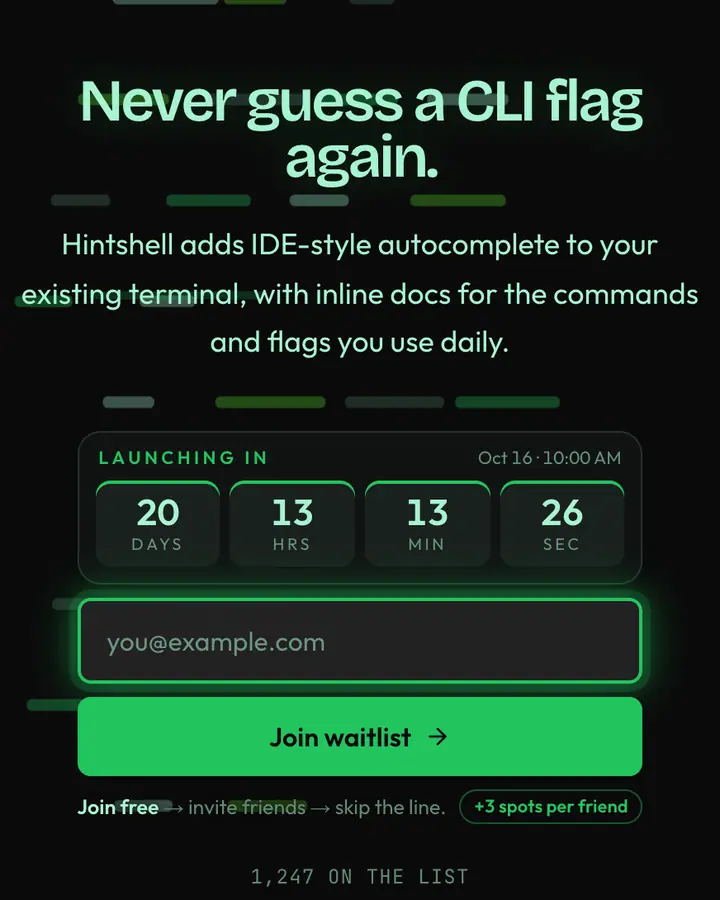 Autocomplete — Tech & SaaS waitlist page template, near-black background