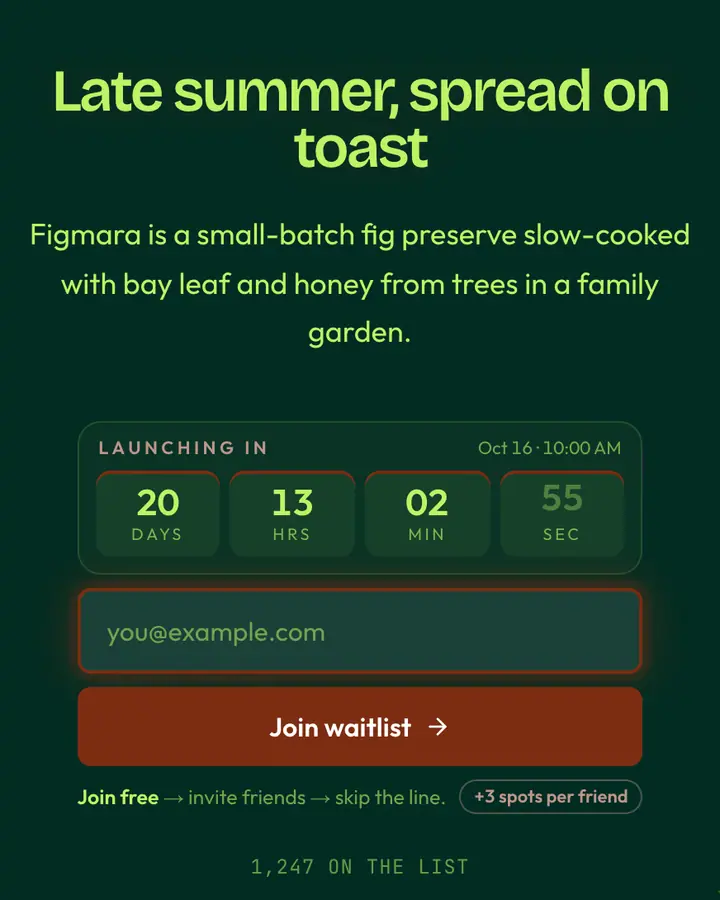 Fig Tree — Nature & Organic waitlist page template, deep teal background