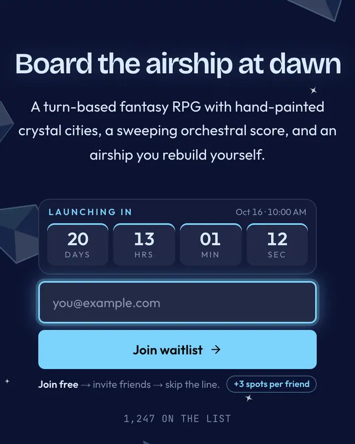 Crystal Saga — Retro & Pixel Art waitlist page template, deep blue background