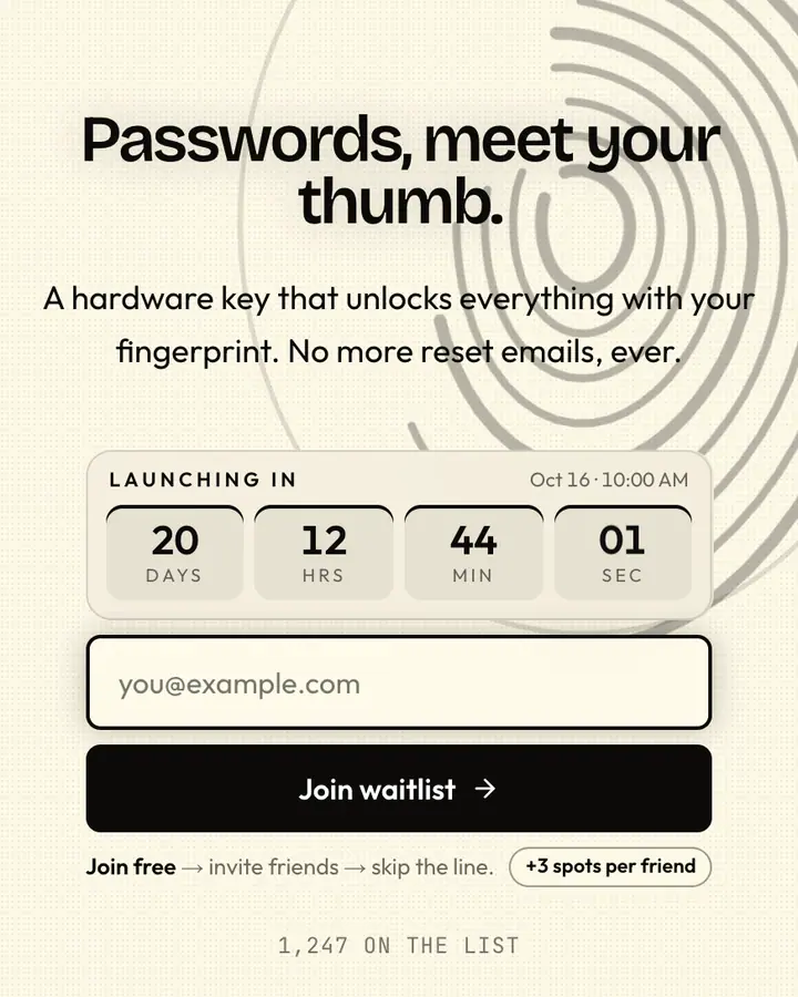 Fingerprint — Black & White waitlist page template, amber-tinted white background