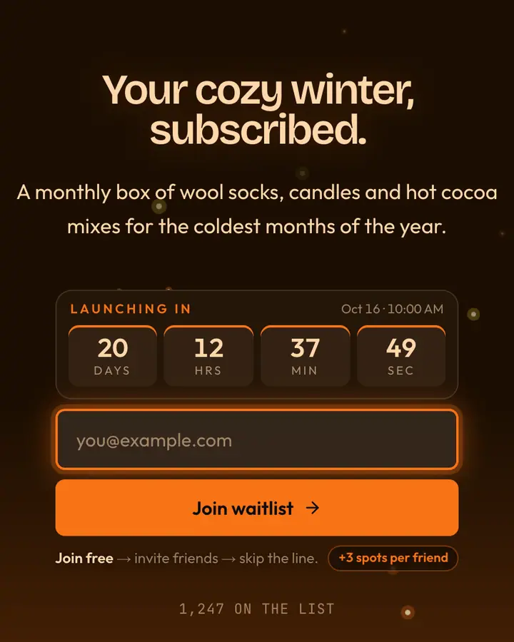 Fireplace Warm — Holiday & Seasonal waitlist page template, near-black vermilion background