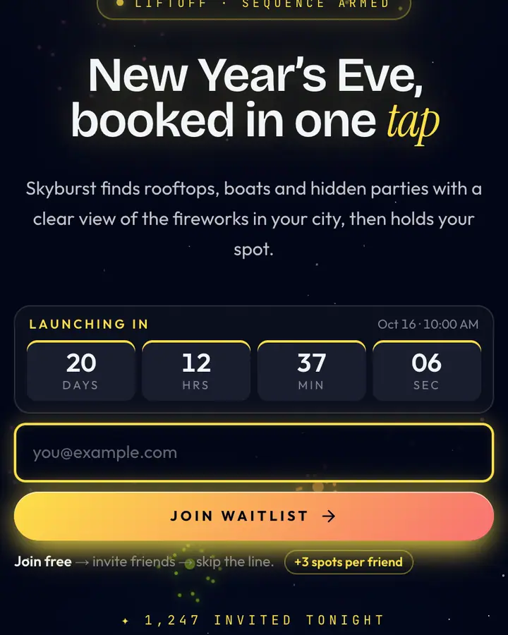 Midnight Fireworks — Luxury waitlist page template, near-black blue background