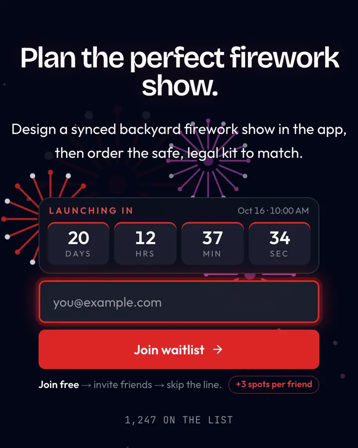 Fireworks Navy — Holiday & Seasonal waitlist page template, near-black blue background