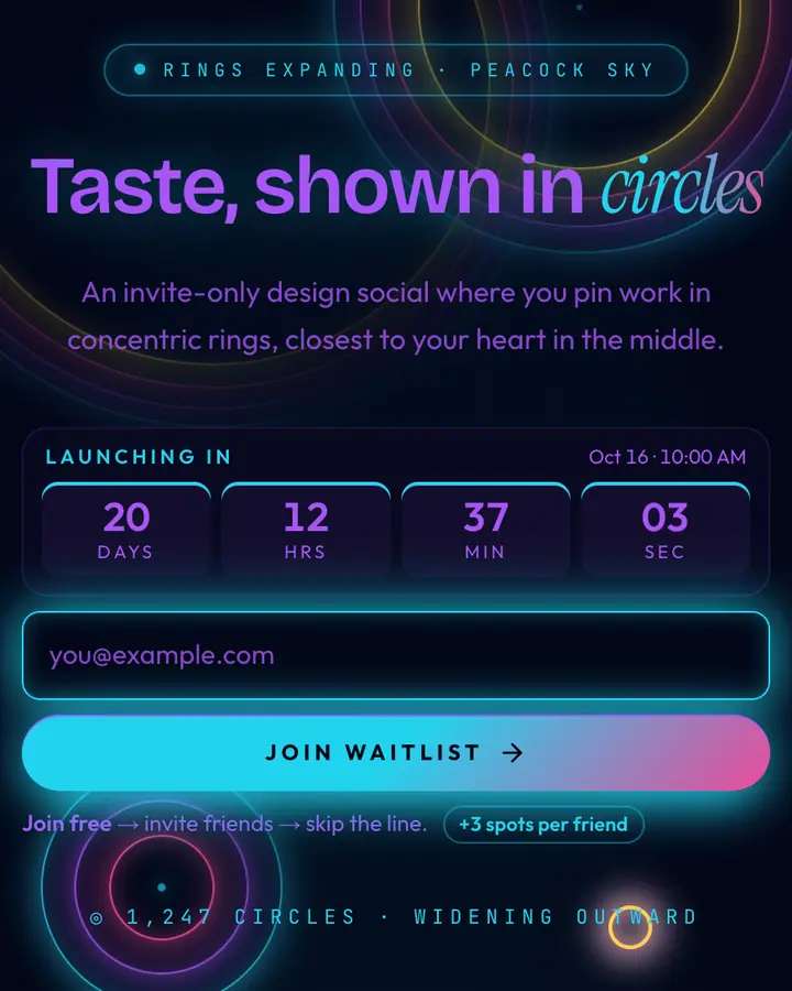 Peacock Rings — Luxury waitlist page template, near-black blue background