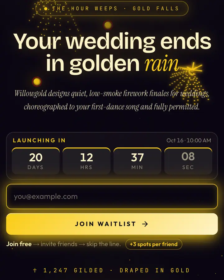Golden Willow — Luxury waitlist page template, near-black violet background