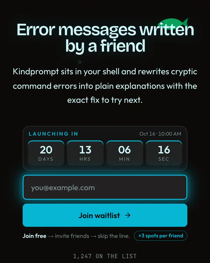 Fish Shell — Terminal & Developer waitlist page template, near-black background