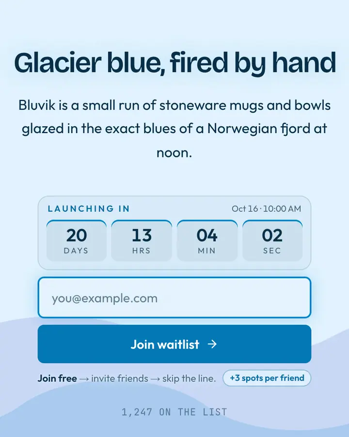 Fjord Blue — Nature & Organic waitlist page template, pale sky blue background