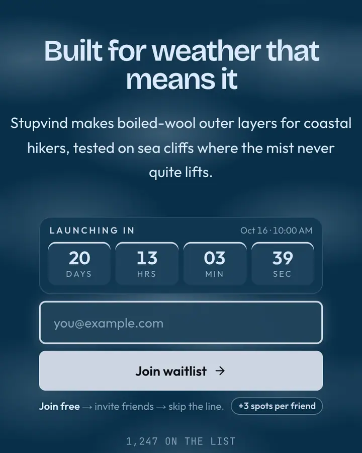 Fjord Cliff — Nature & Organic waitlist page template, deep sky blue background