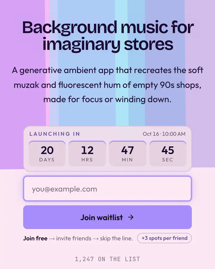 Fluorescent Aisle — Vaporwave waitlist page template, pale pink background