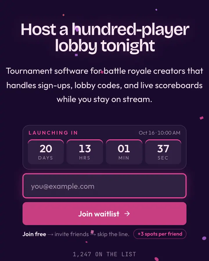 Battle Royale Pink — Retro & Pixel Art waitlist page template, deep violet background