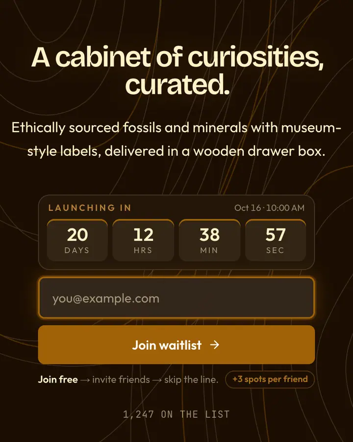 Fossil Drawer — Dark Academia waitlist page template, near-black vermilion background