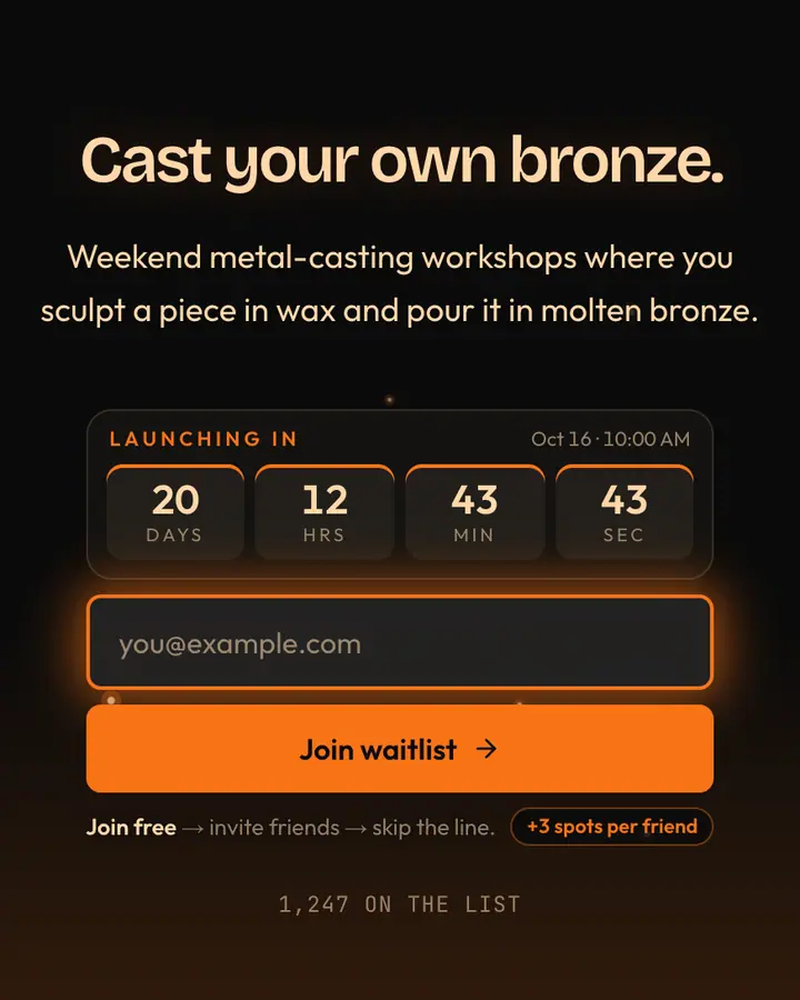Foundry Orange — Industrial & Brutalist waitlist page template, near-black background