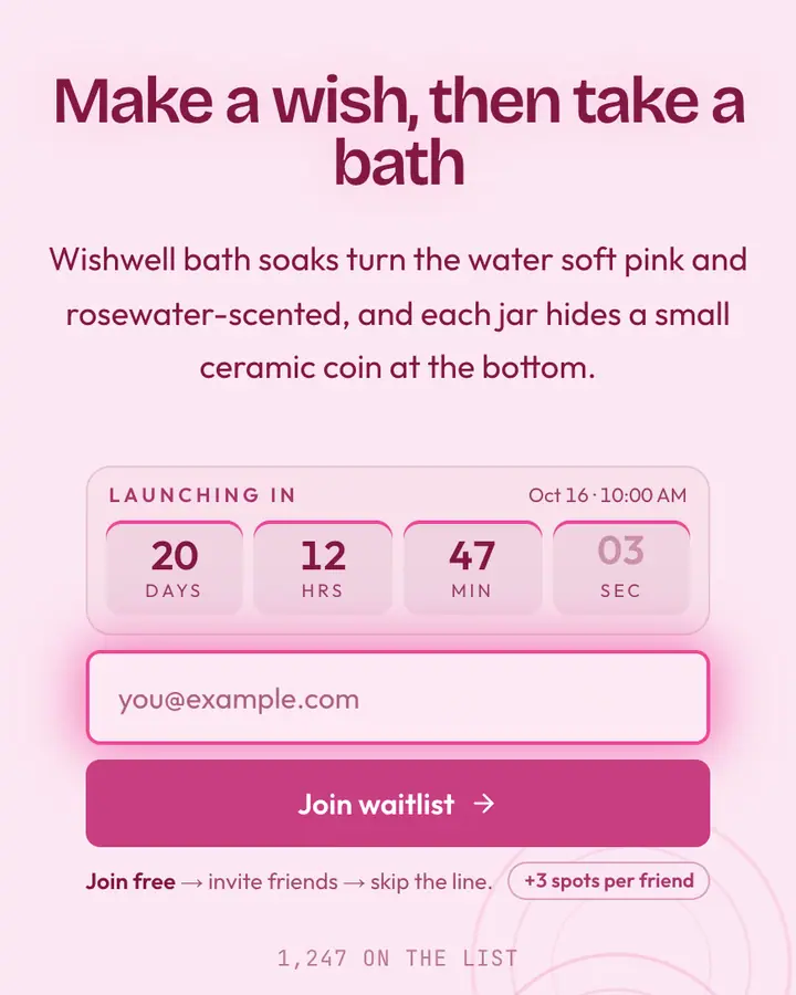 Fountain Glow — Vaporwave waitlist page template, pale pink background