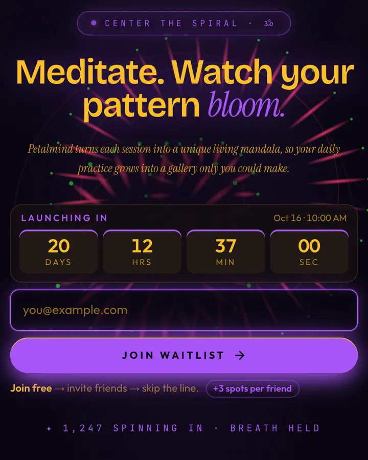 Mandala Fractal — Luxury waitlist page template, near-black violet background