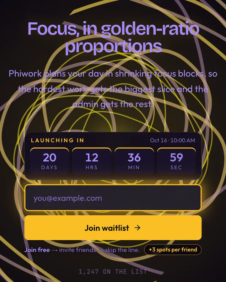 Golden Spiral — Luxury waitlist page template, near-black violet background
