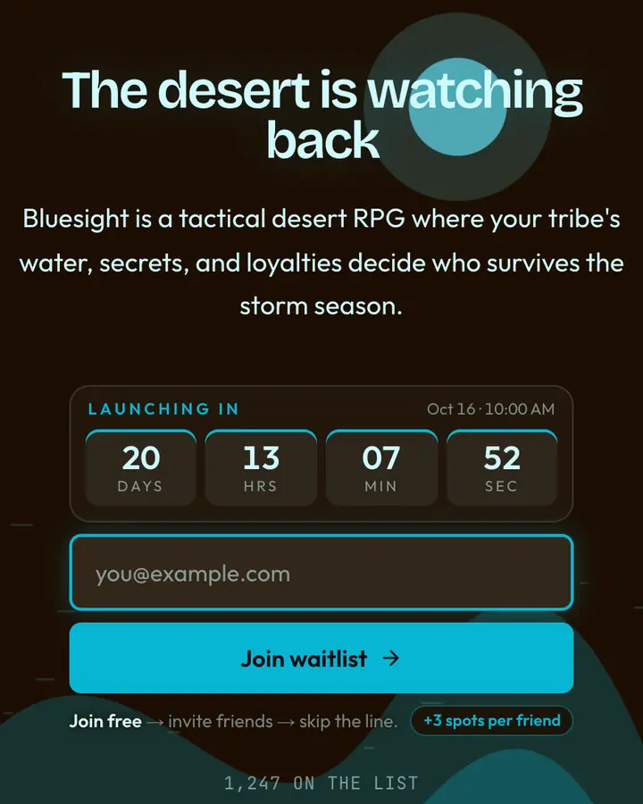 Desert Blue — Cyberpunk & Sci-Fi waitlist page template, near-black vermilion background