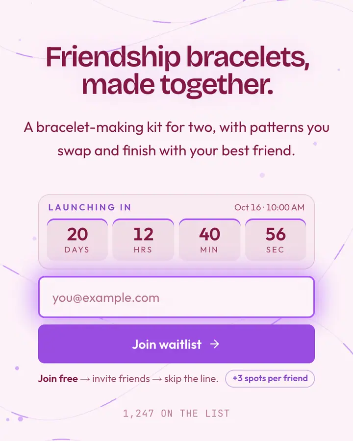 Friendship Braid — Playful & Pastel waitlist page template, pink-tinted white background