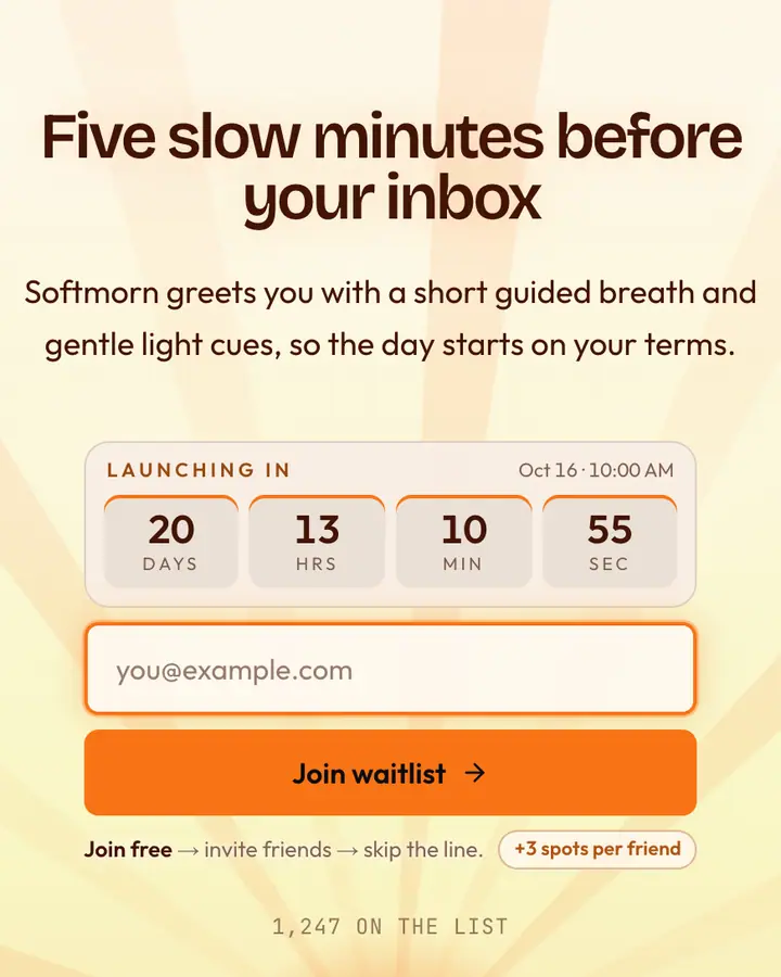 Frosted Dawn — Glassmorphism waitlist page template, orange-tinted white background