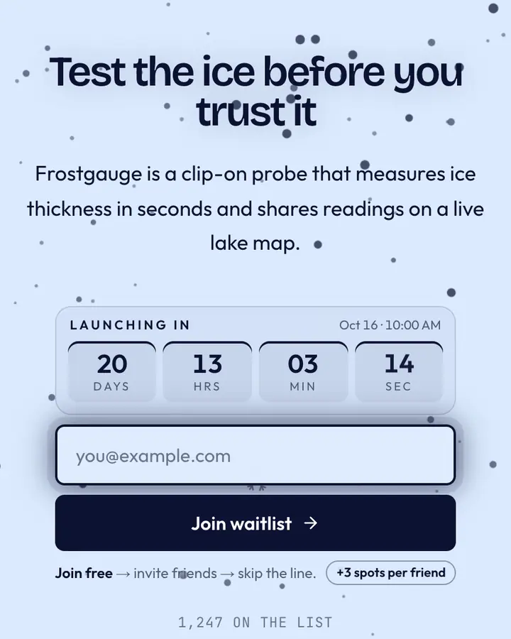 Frozen Lake — Nature & Organic waitlist page template, pale sky blue background