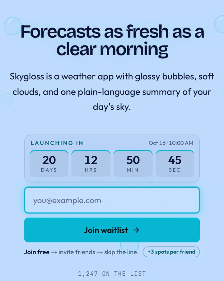 Frutiger Aero — Y2K waitlist page template, pale sky blue background